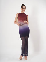 Sleeveless Multicolor Gradient Sheer Midi Dress With Boat Neck