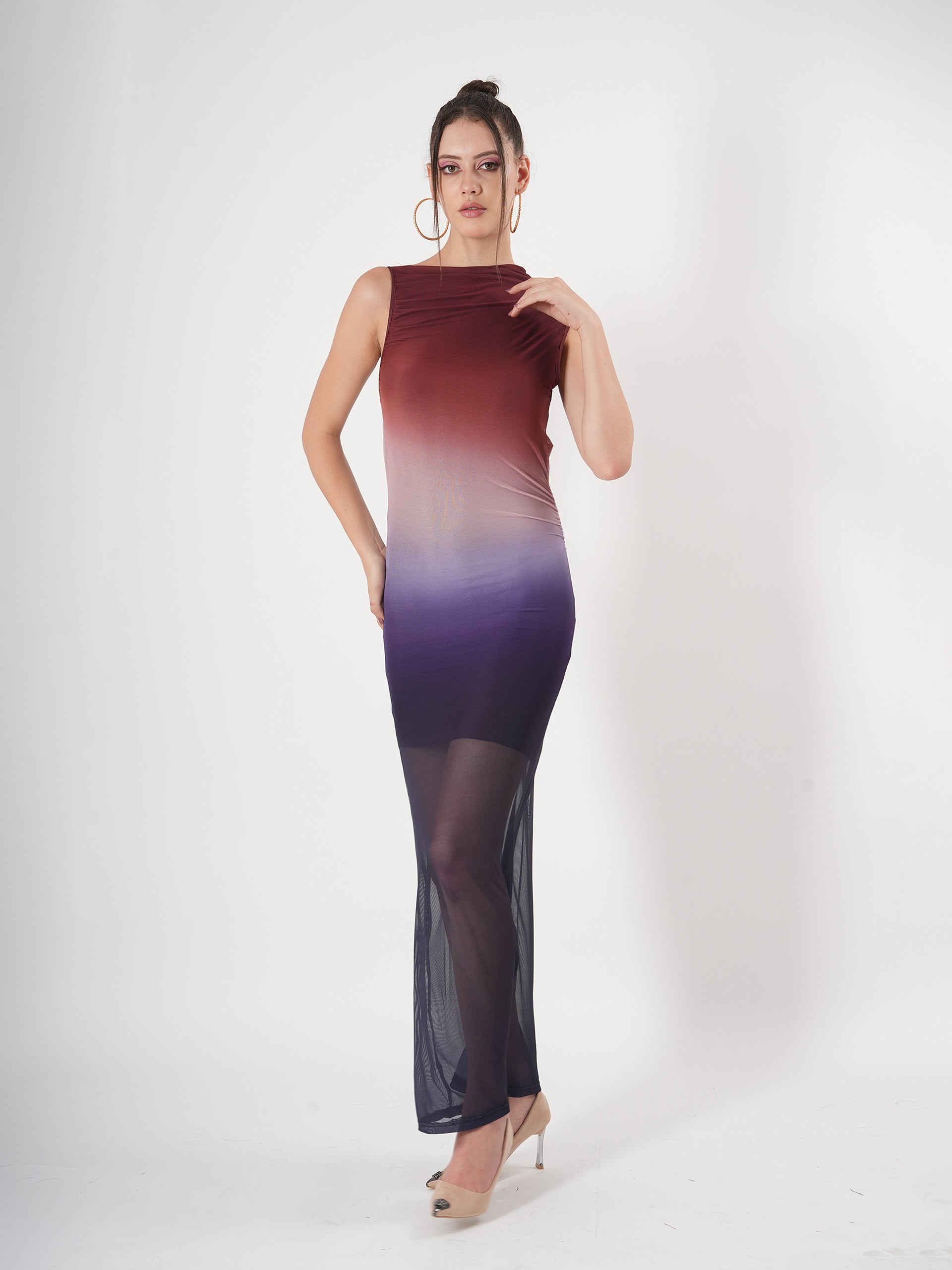 Sleeveless Multicolor Gradient Sheer Midi Dress With Boat Neck