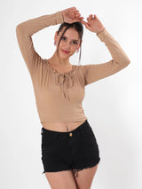 Solid Beige Crop Top with Adjustable Strings