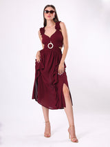 Solid Maroon Ruffle Midi Dress