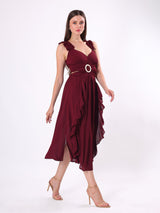 Solid Maroon Ruffle Midi Dress