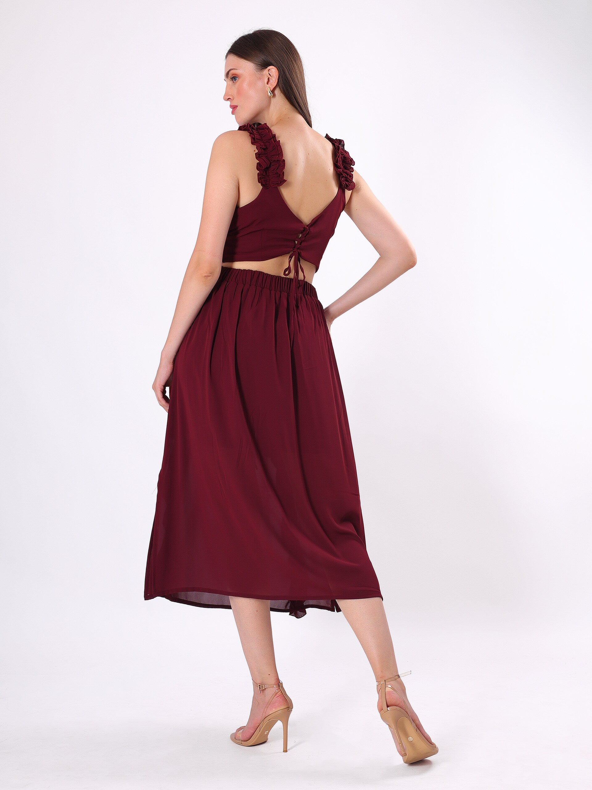 Solid Maroon Ruffle Midi Dress
