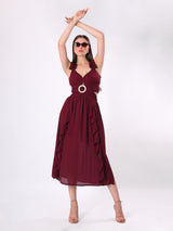 Solid Maroon Ruffle Midi Dress