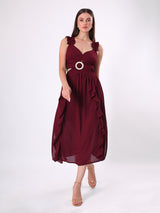 Solid Maroon Ruffle Midi Dress