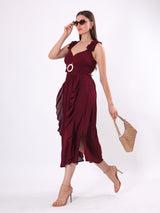 Solid Maroon Ruffle Midi Dress