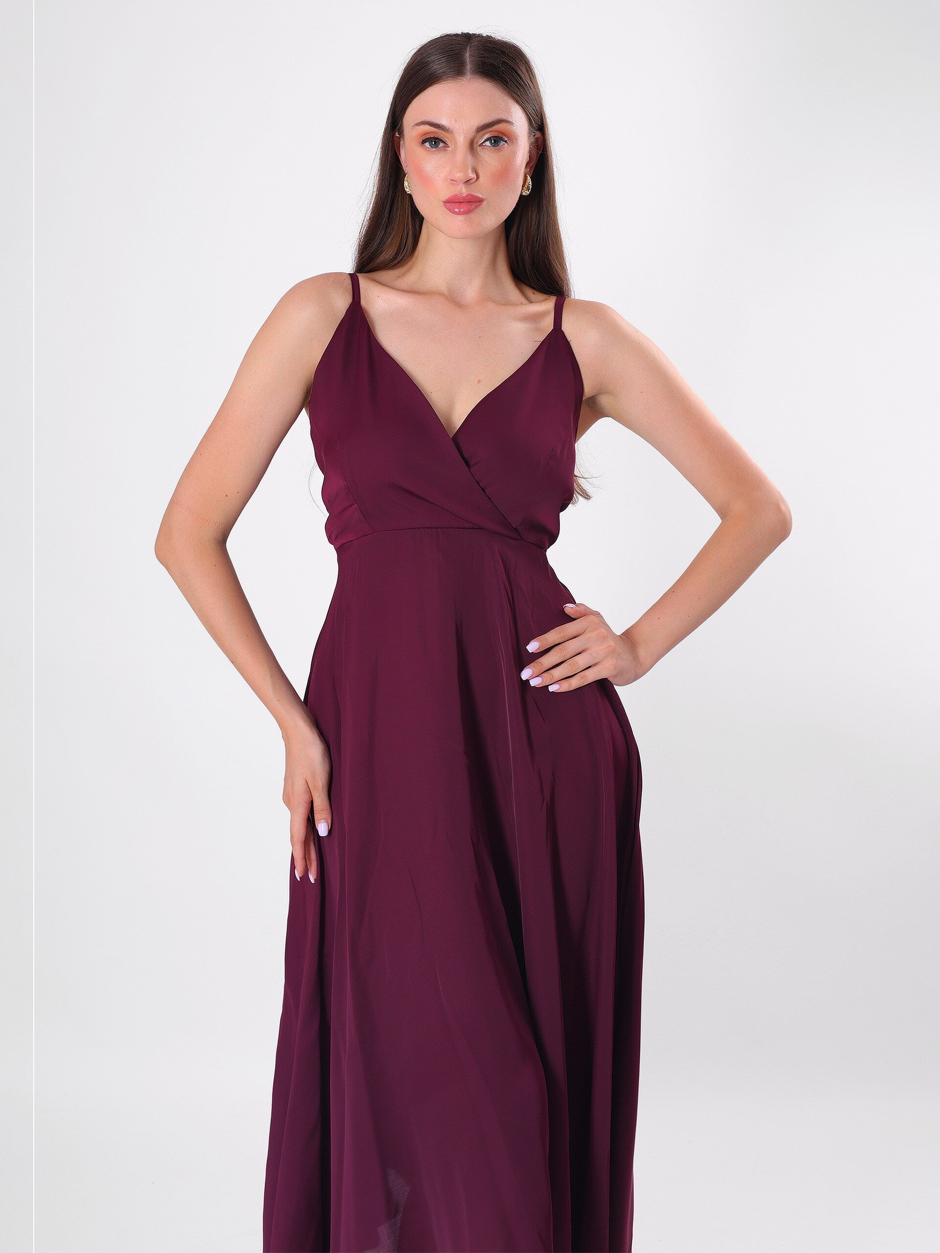 Solid Maroon Sleeveless Flowy Midi Dress