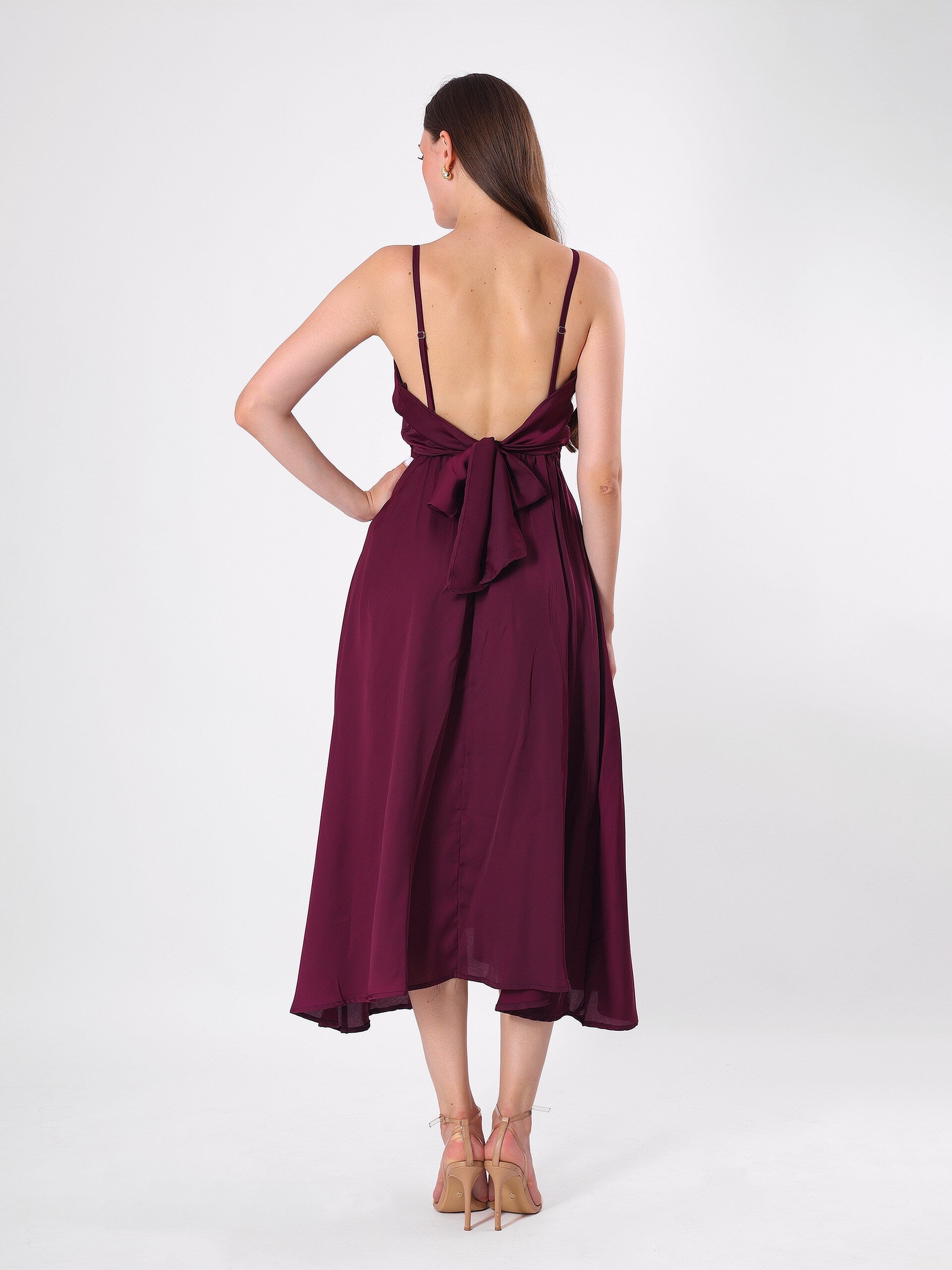 Solid Maroon Sleeveless Flowy Midi Dress