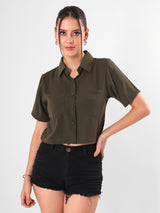 Solid Olive Shirt With Half Sleeve