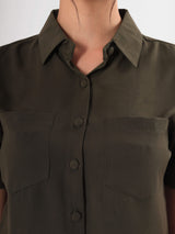 Solid Olive Shirt With Half Sleeve