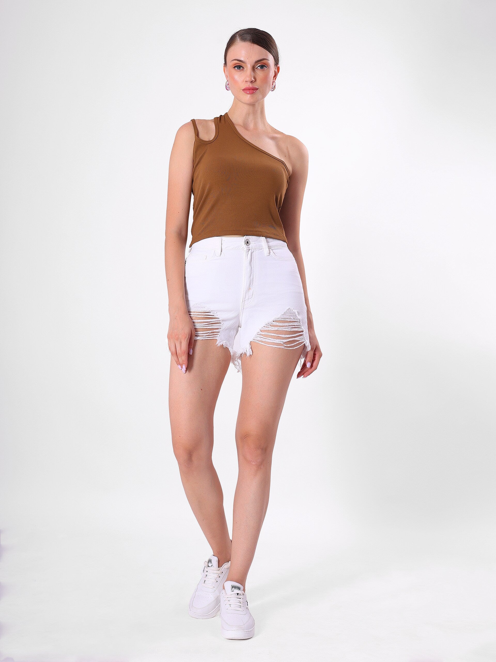 Solid One Shoulder Crop Top
