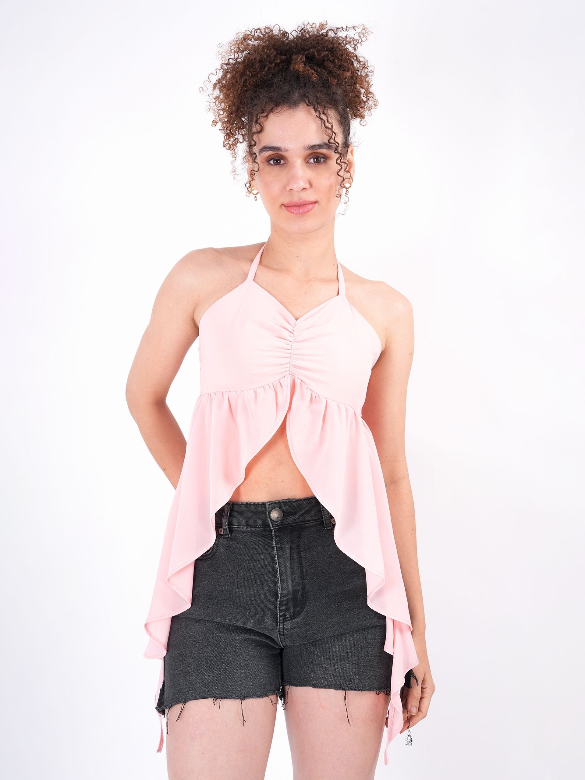 Solid Pink Sweetheart Neck Top