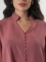 Solid Pink Top With Sleeve Detail & Mandarin Collar