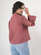 Solid Pink Top With Sleeve Detail & Mandarin Collar