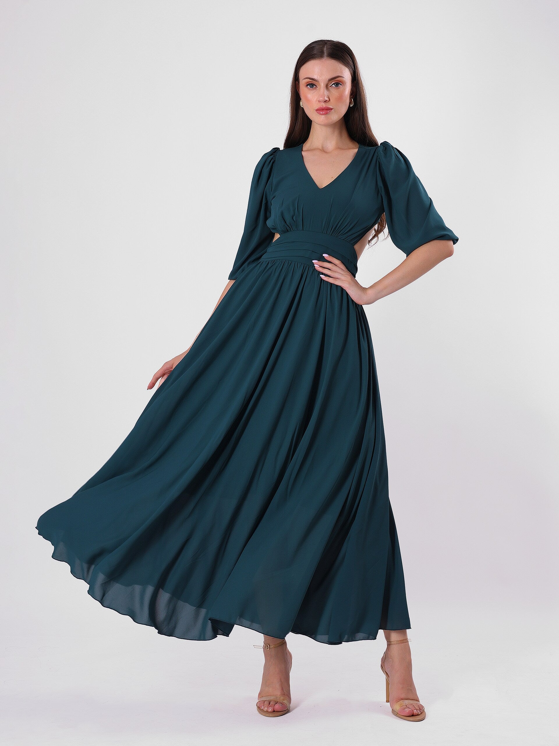 Solid Teal Side Cut Long Dress With Puff Sleeve