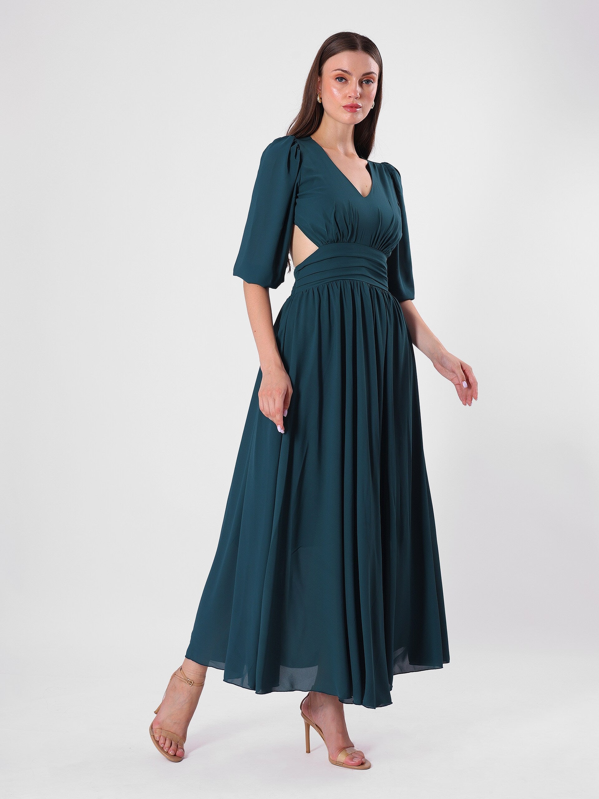 Solid Teal Side Cut Long Dress With Puff Sleeve