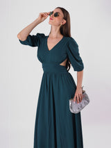 Solid Teal Side Cut Long Dress With Puff Sleeve
