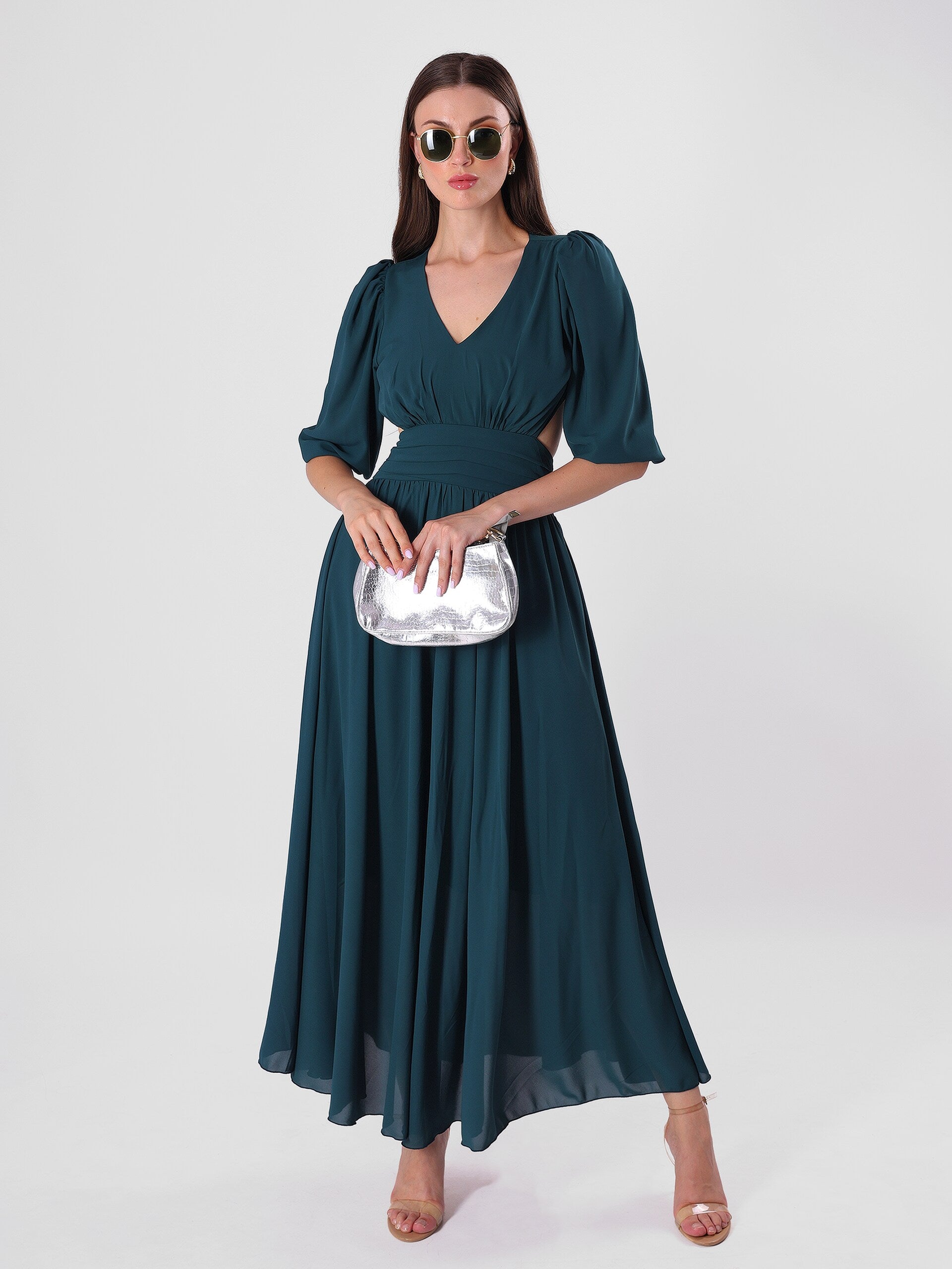 Solid Teal Side Cut Long Dress With Puff Sleeve