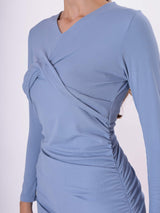 Solid V Neck & Neck Detail Midi Dress  with Full Sleeve