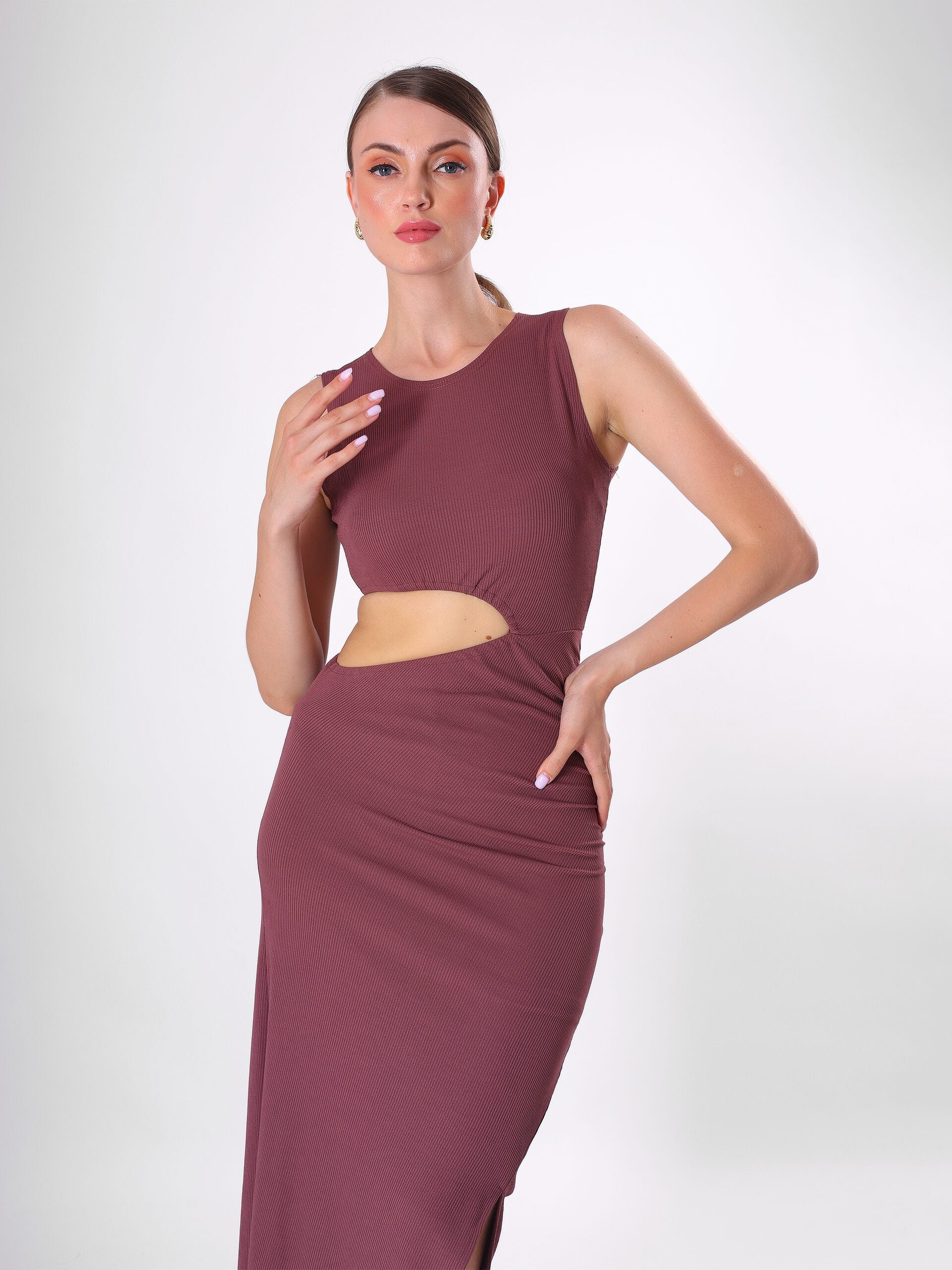 Solid Waist Cut Side Slit Midi Dress