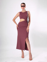 Solid Waist Cut Side Slit Midi Dress