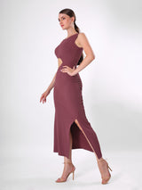 Solid Waist Cut Side Slit Midi Dress