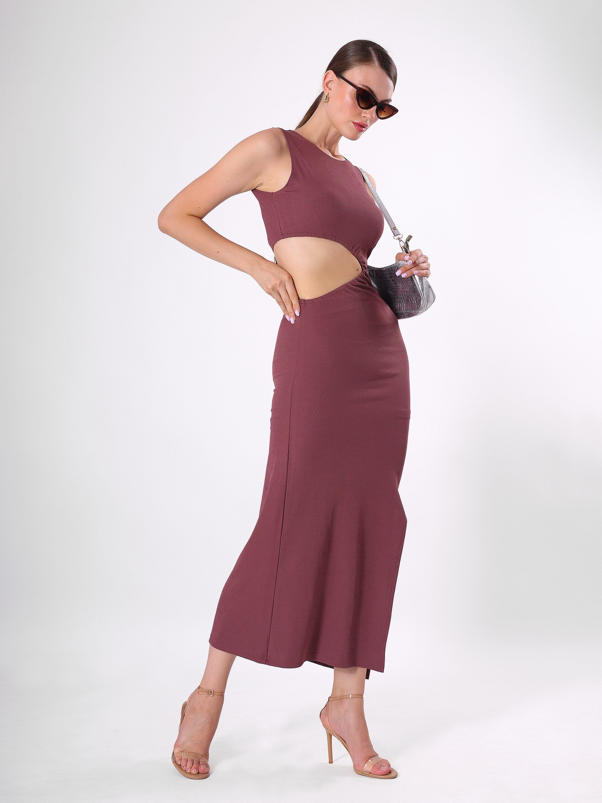 Solid Waist Cut Side Slit Midi Dress