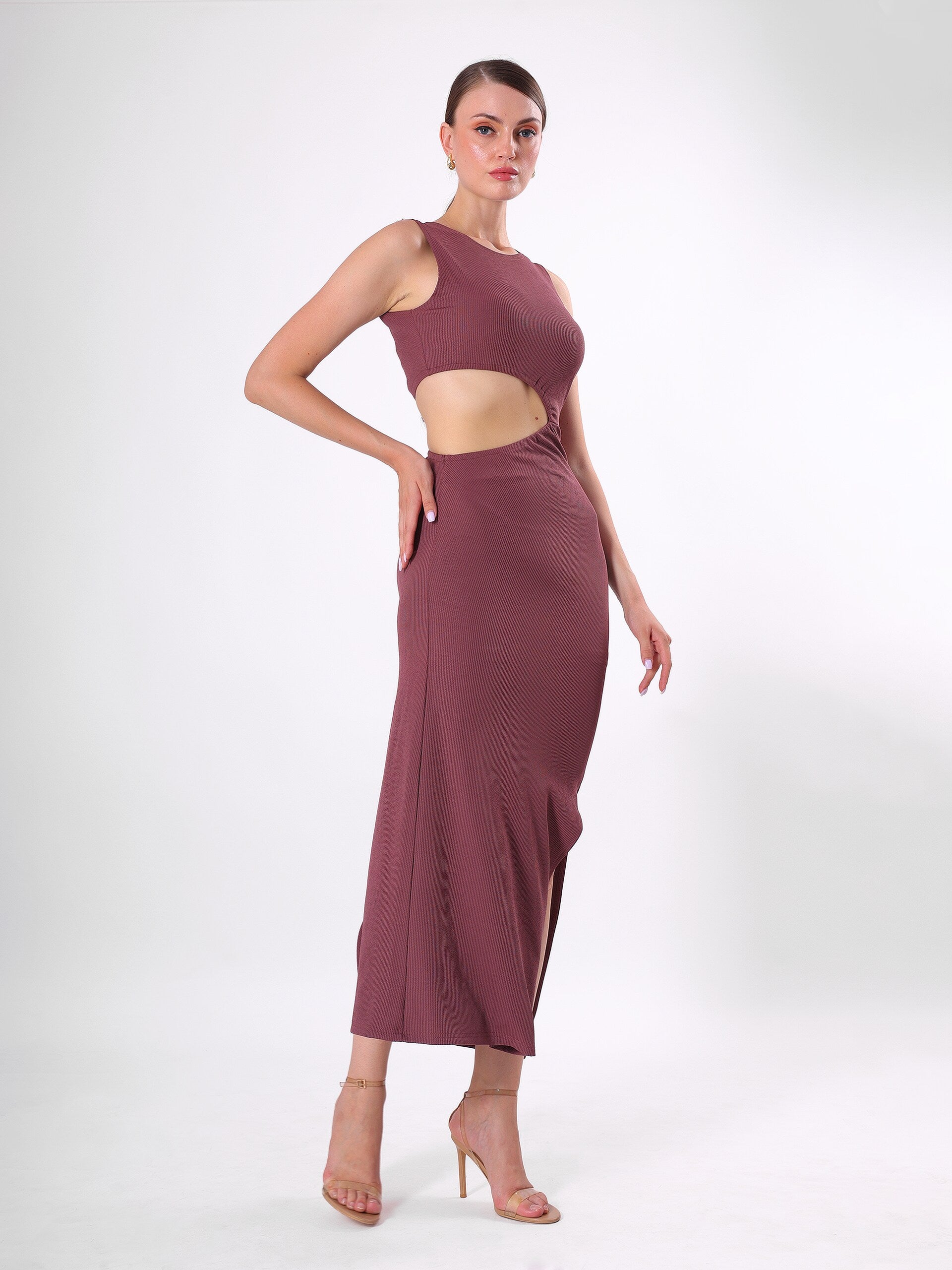 Solid Waist Cut Side Slit Midi Dress