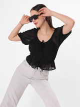 Textured Black Puff Sleeve Crop Top