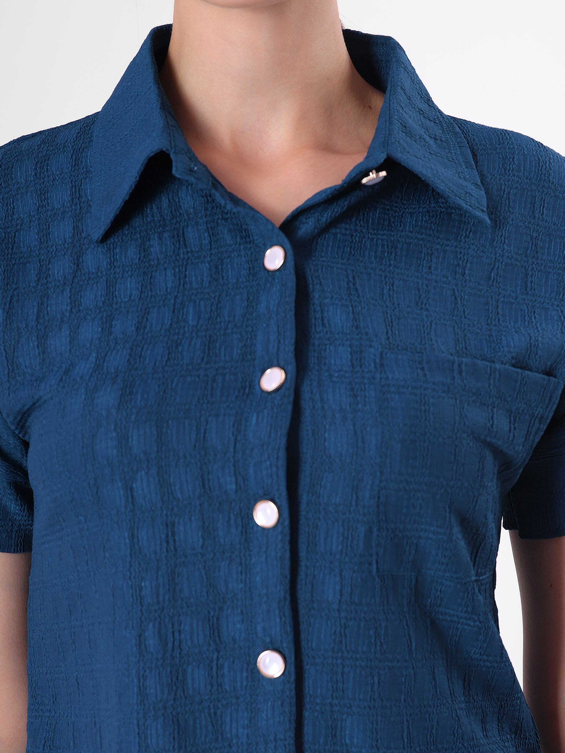 Textured Check Shirt With Half Sleeve & Point Collar