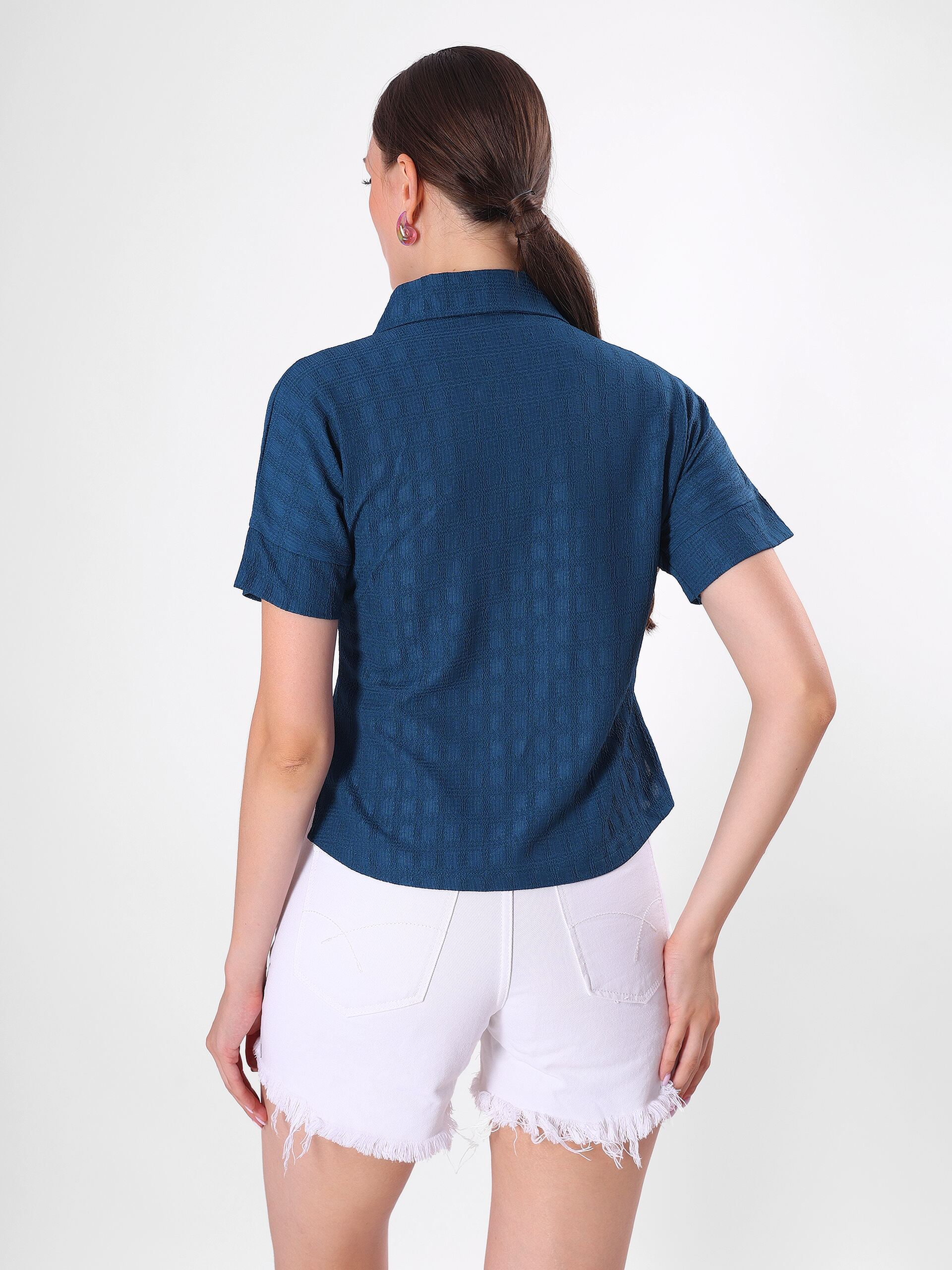 Textured Check Shirt With Half Sleeve & Point Collar