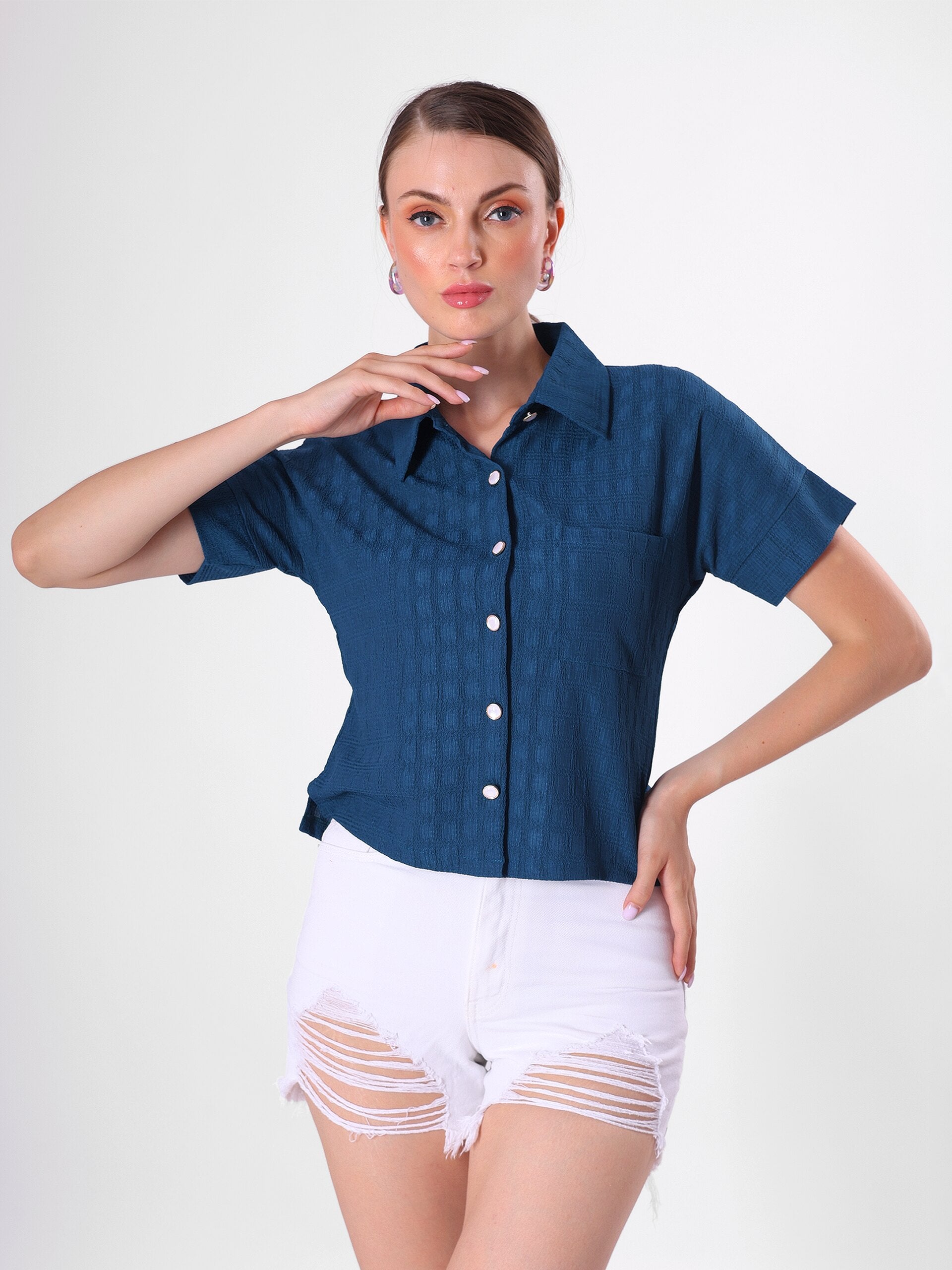 Textured Check Shirt With Half Sleeve & Point Collar