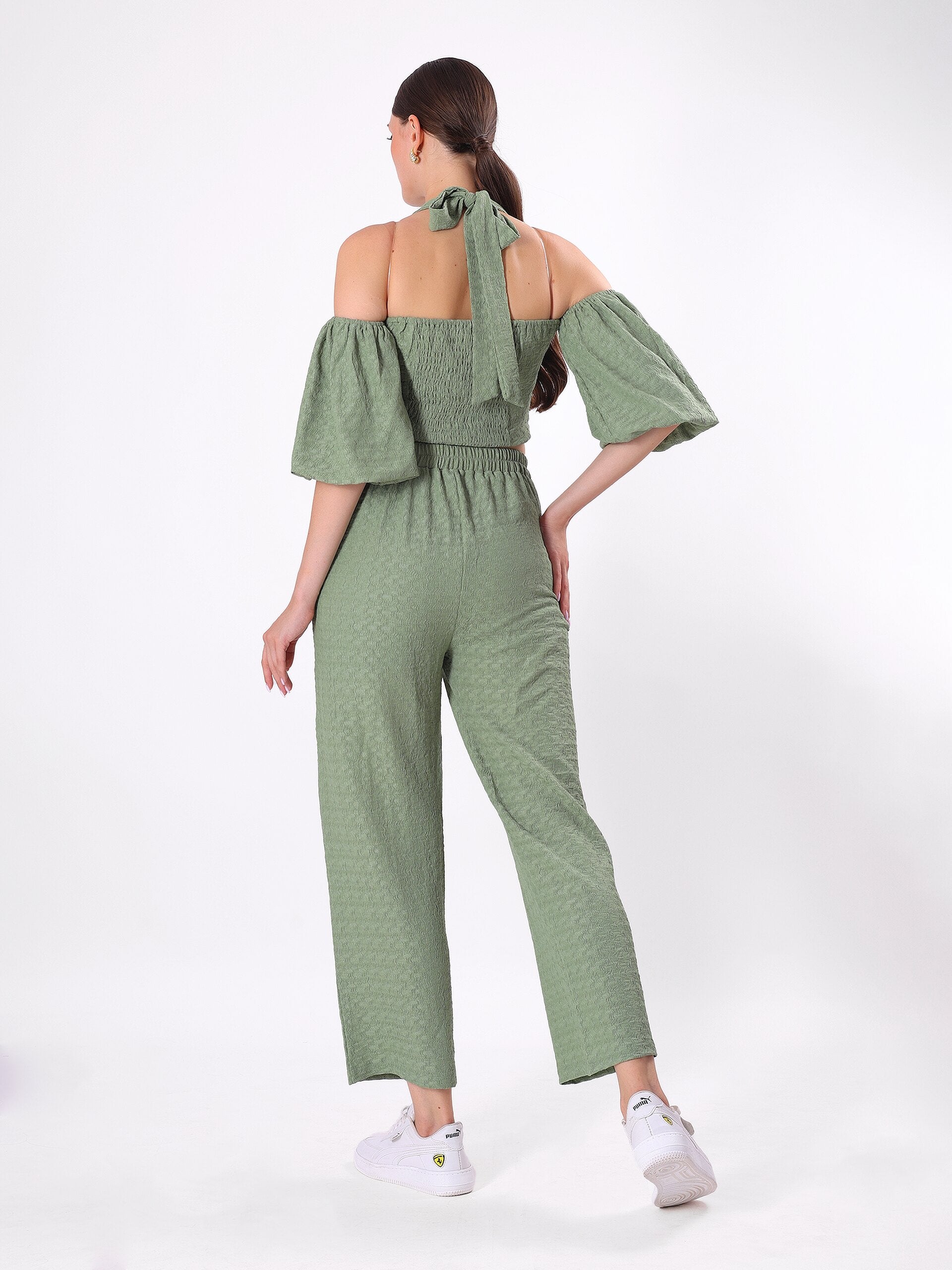 Textured Halter Neck Co-ord Set With Juliet Sleeve