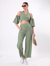Textured Halter Neck Co-ord Set With Juliet Sleeve