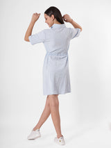 Textured Light-Wash Half Sleeve A- Line Dress