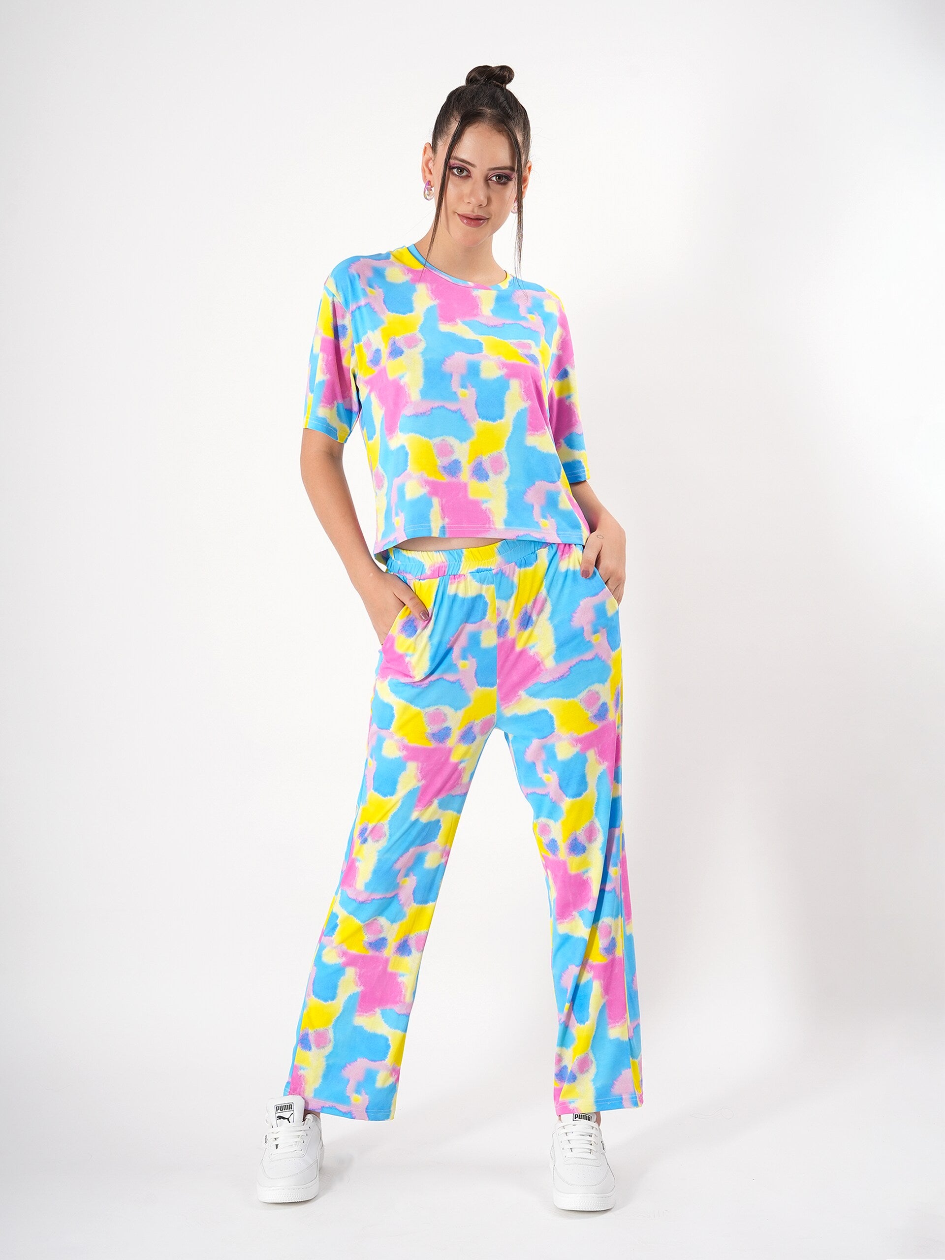Tie & Dye Cord Set with Round Neck & Half Sleeve