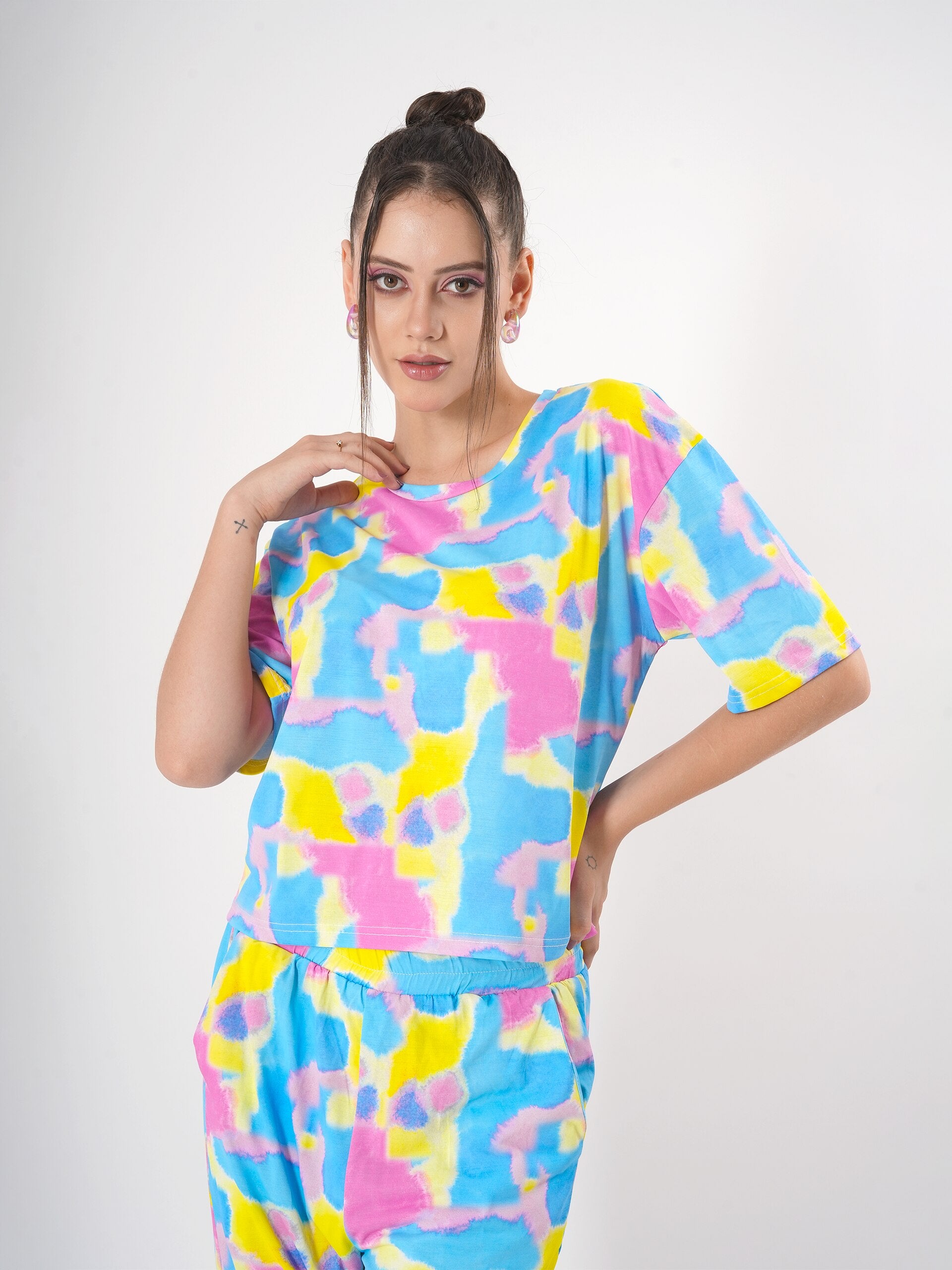 Tie & Dye Cord Set with Round Neck & Half Sleeve