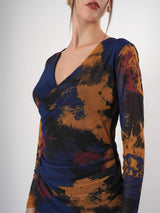 Tie & Dye Sheer Midi Dress With V Neck & Full Sleeve