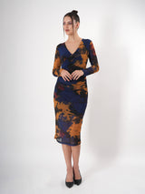 Tie & Dye Sheer Midi Dress With V Neck & Full Sleeve