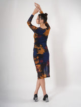 Tie & Dye Sheer Midi Dress With V Neck & Full Sleeve