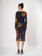 Tie & Dye Sheer Midi Dress With V Neck & Full Sleeve