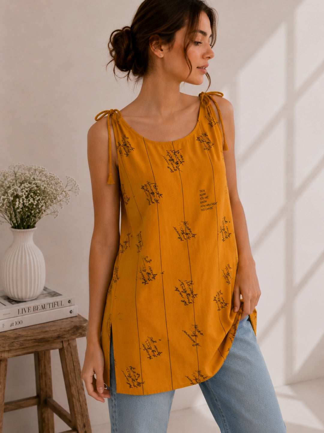 Women Typography Print Tie-Up Shoulder Sleeveless Short Kurti