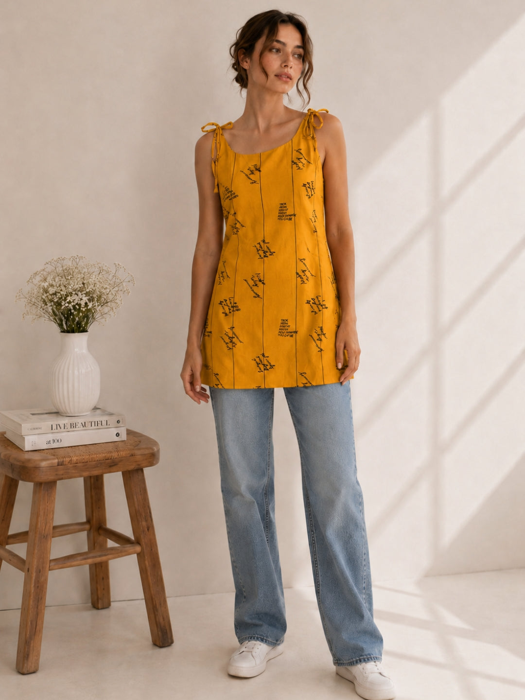 Women Typography Print Tie-Up Shoulder Sleeveless Short Kurti