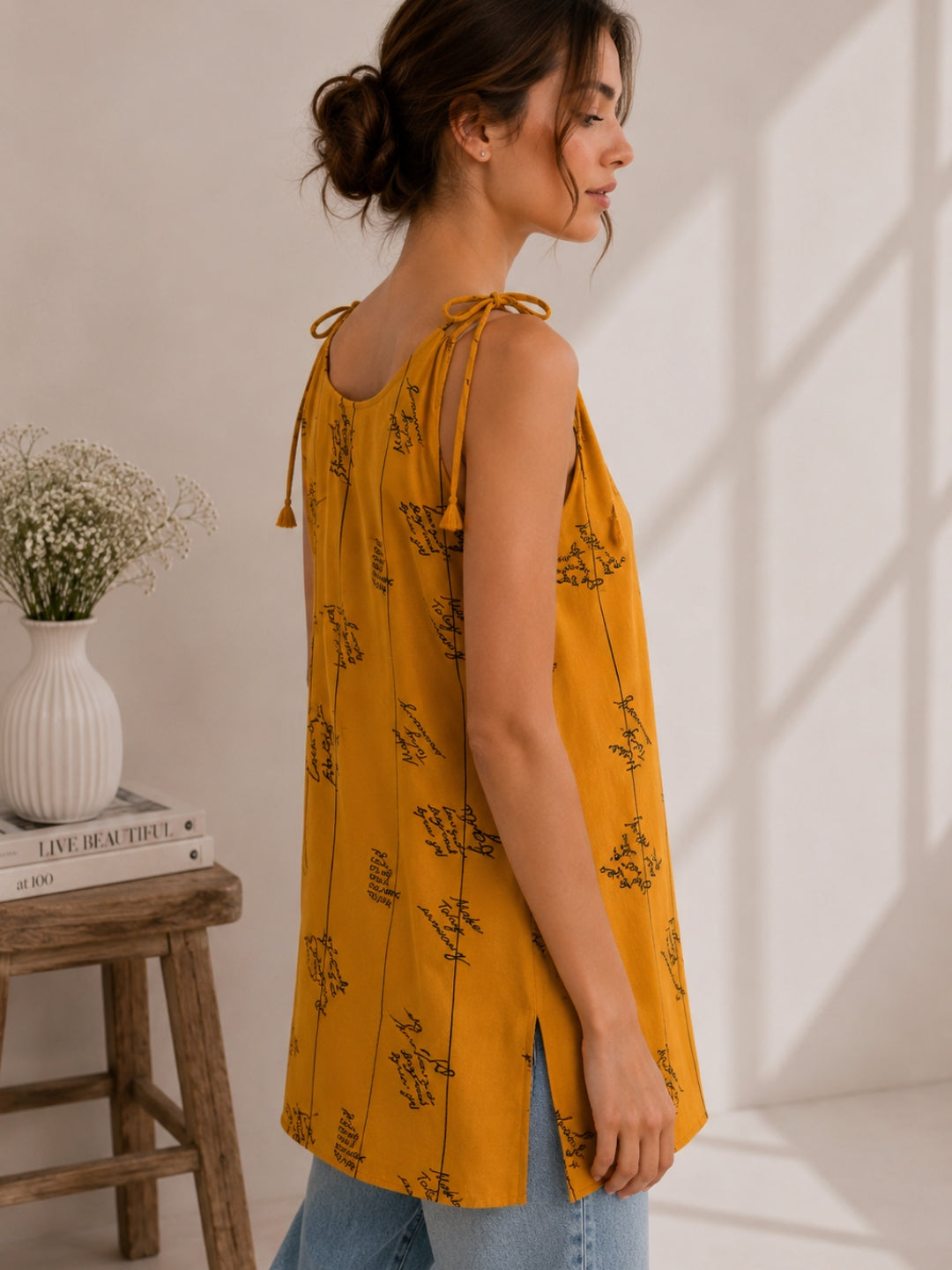 Women Typography Print Tie-Up Shoulder Sleeveless Short Kurti