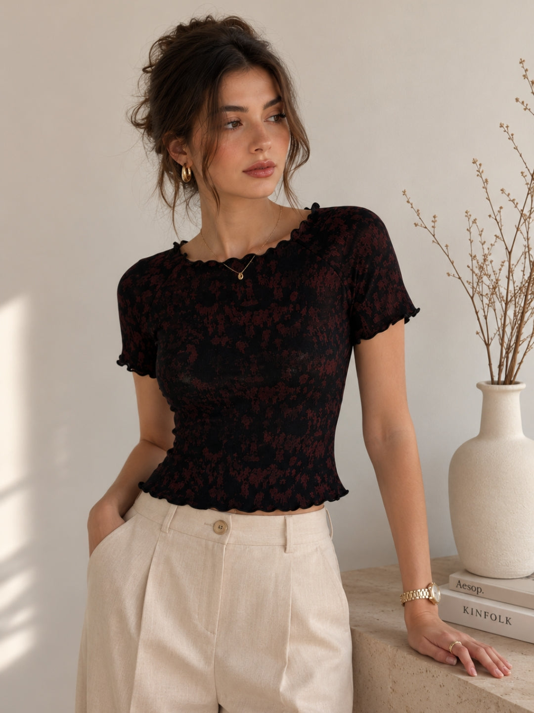 Women Slim Fit Printed Crop T-Shirt