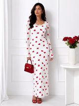 Women Black & Red Heart Print Mesh Bodycon Maxi Dress