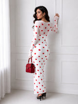 Women Black & Red Heart Print Mesh Bodycon Maxi Dress