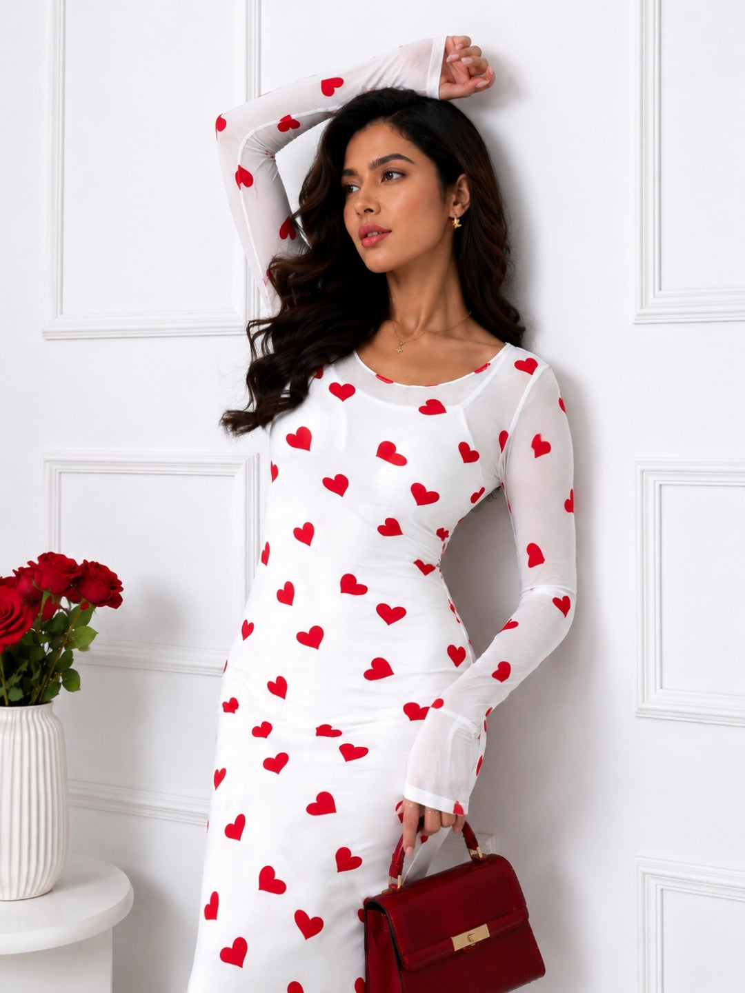 Women Black & Red Heart Print Mesh Bodycon Maxi Dress
