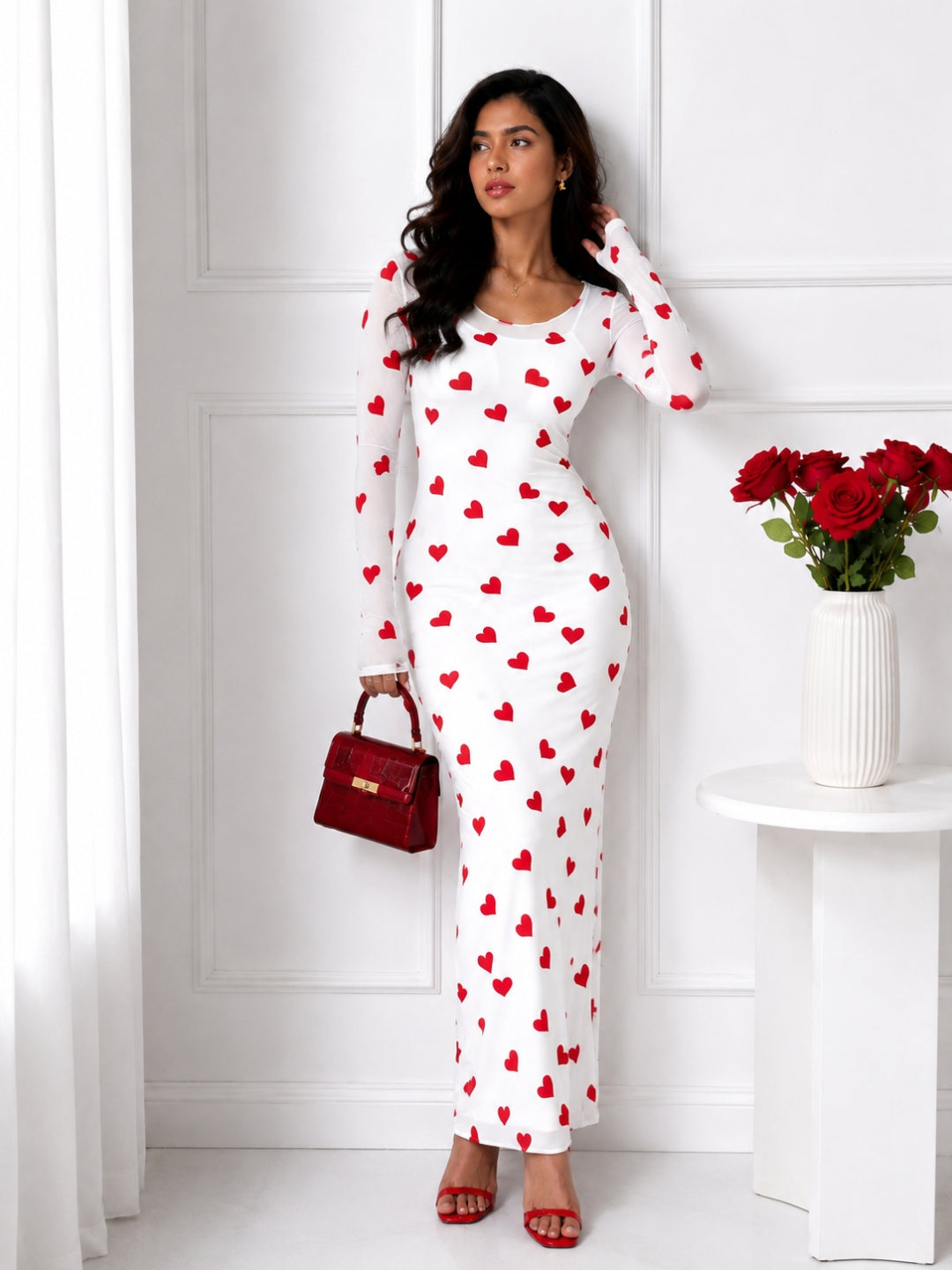 Women Black & Red Heart Print Mesh Bodycon Maxi Dress