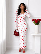 Women Black & Red Heart Print Mesh Bodycon Maxi Dress