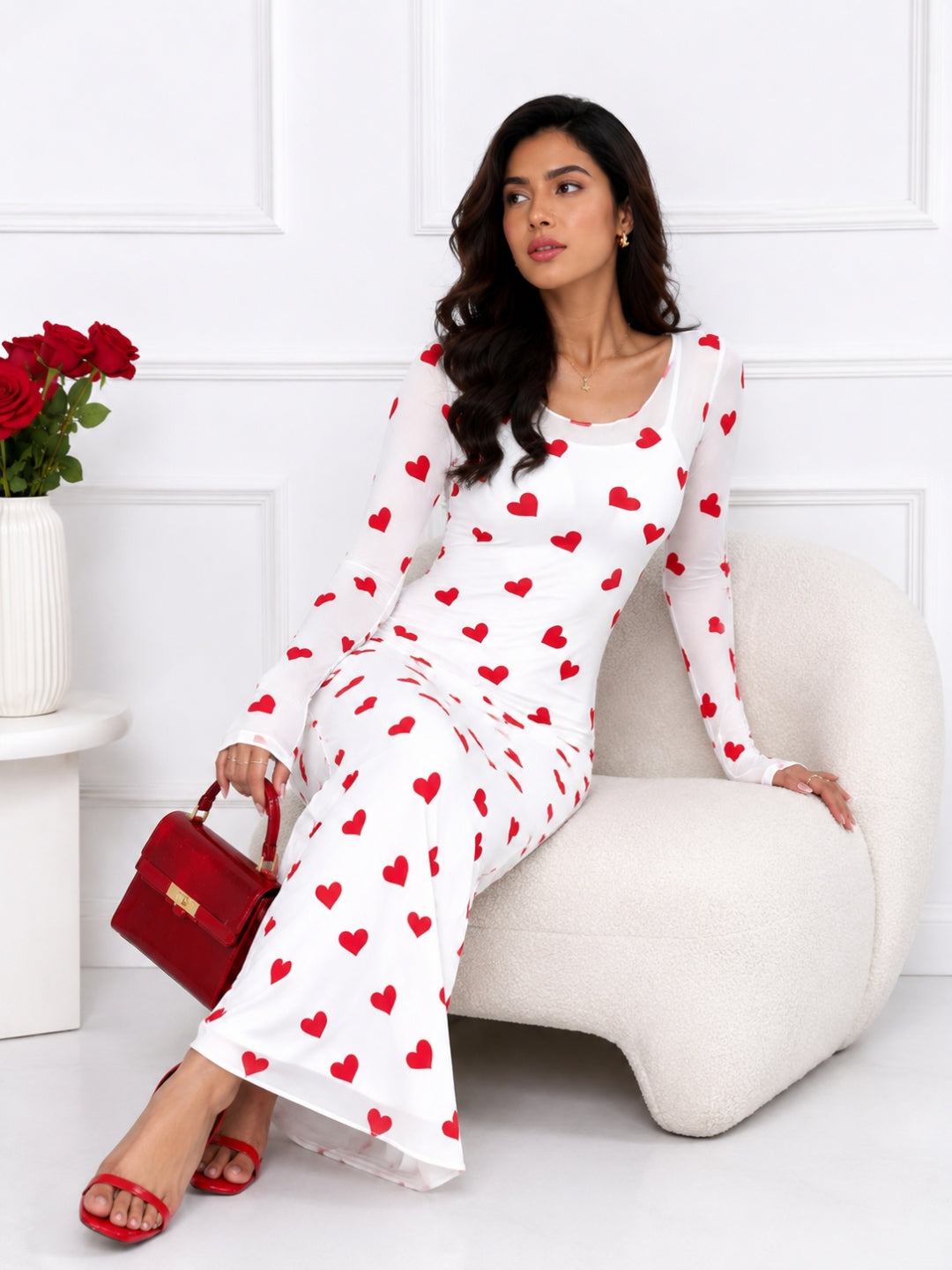 Women Black & Red Heart Print Mesh Bodycon Maxi Dress